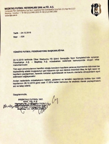 Beşiktaş, Fenerbahçe Derbisinin Var Kayıtlarının Açıklanması İçin Tff’Ye Başvurdu.
