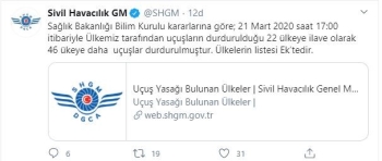 46 Ülkeye Daha Uçuşlar Durduruldu
