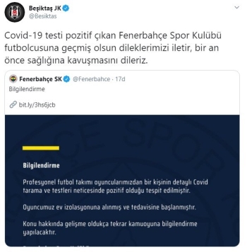 Beşiktaş’Tan Fenerbahçe’Ye Geçmiş Olsun Mesajı
