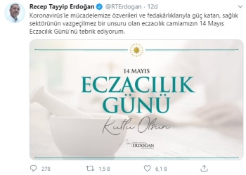 Cumhurbaşkanı Erdoğan, Eczacılık Günü’Nü Kutladı
