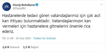 Elazığ Belediyesi’Nden Acil Kan Çağrısı
