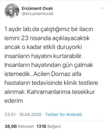 Ercüment Ovalı’Dan Heyecanlandıran Korona Virüs İlacı Açıklaması
