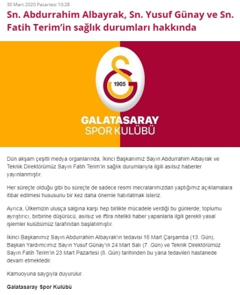 Galatasaray’Dan Koronavirüs Açıklaması: "Fatih Terim Ve Abdurrahim Albayrak..."
