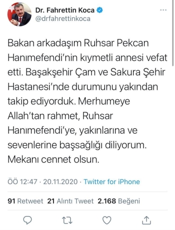 Ticaret Bakanı Ruhsar Pekcan’In Annesi Vefat Etti
