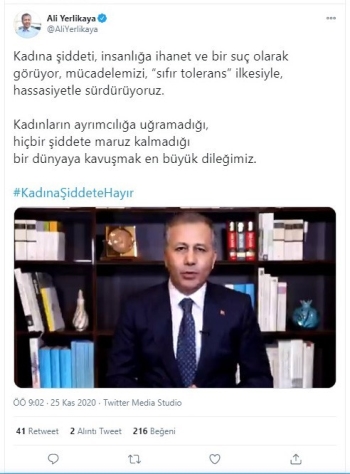 Vali Yerlikaya’Dan Kadına Yönelik Şiddetle Mücadele Günü Mesajı
