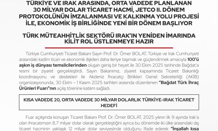 Bakan Bolat: Türkiye, Irak’ın Yeniden İmarında Kilit Ortak