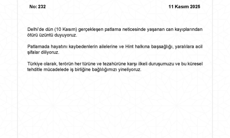 Türkiye’den Hindistan’a Delhi Patlaması Nedeniyle Taziye Mesajı