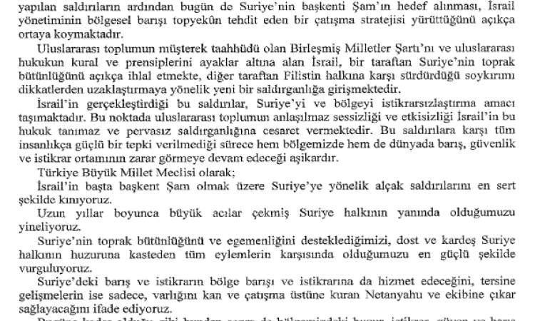 İsrail’in Suriye’ye Yönelik Saldırılarına Meclis’ten Kınama