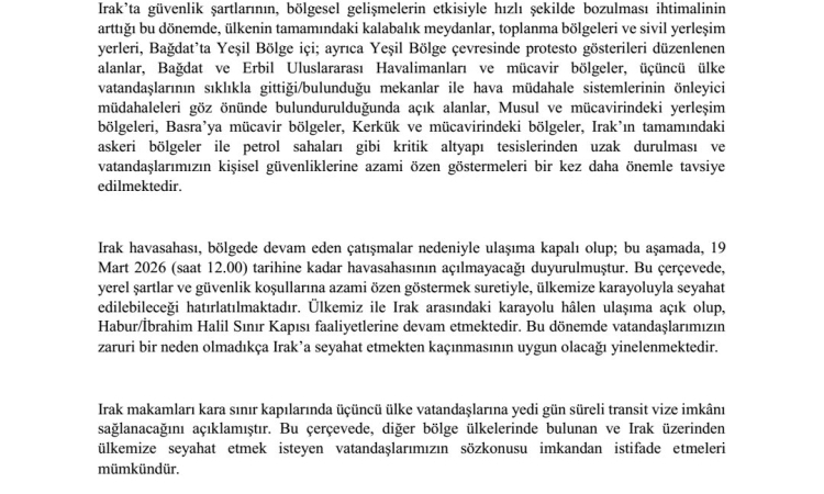 Bağdat Büyükelçiliği’nden Türkiye Vatandaşlarına Uyarı: Kritik Bölgelerden Uzak Durun!