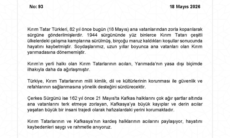 Dışişleri Bakanlığı’ndan Kırım Tatarı ve Çerkes Sürgünleri İçin Anma Mesajı