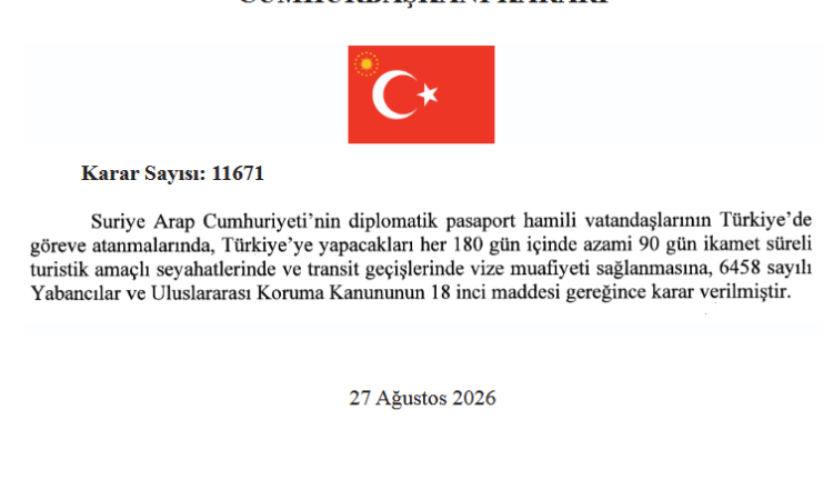 Suriyeli Diplomatik Pasaport Sahiplerine Vize Muafiyeti